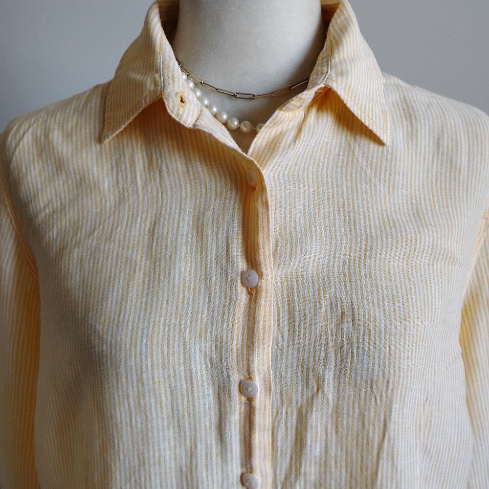 Coldwater Creek Linen Button Up Shirt Yellow White Stripe Classic Coastal Sz PXL
